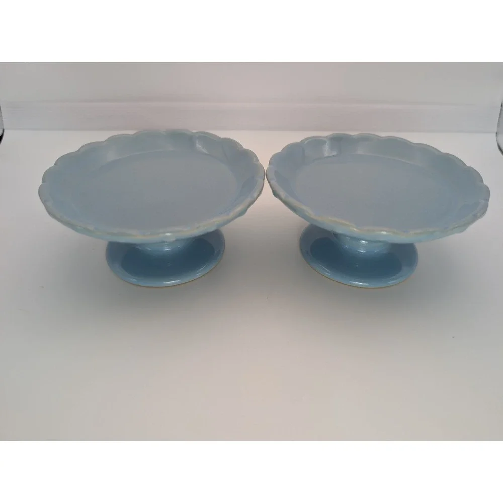 Pair of Blue Ceramic Pedestal Mini Cupcake Stand Candle Holder Trinket/Soap Dish